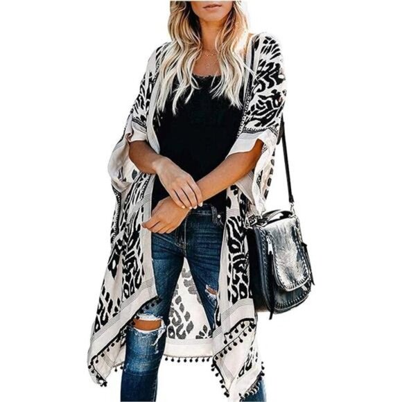 Women's Floral Kimono Cardigan Tassel Beach Cover-Up Swimwear Summer Vacation - Picture 6 of 6